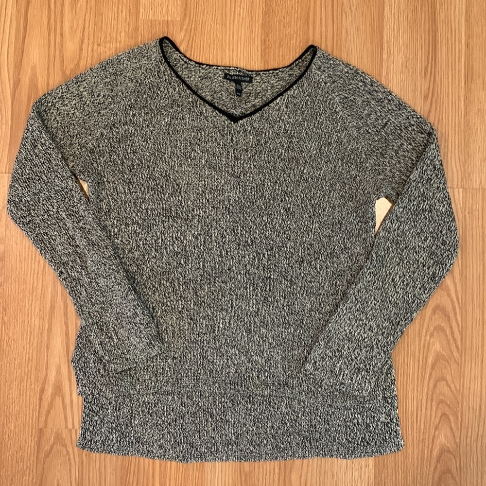 Eileen Fisher Knit Marled V Neck Sweater Black White Organic Linen Wool Med EUC